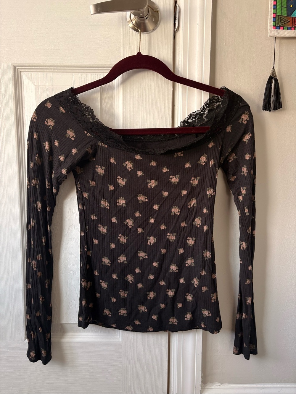 Hollister Black Long Sleeve Off-Shoulder Top with Pink Floral Print